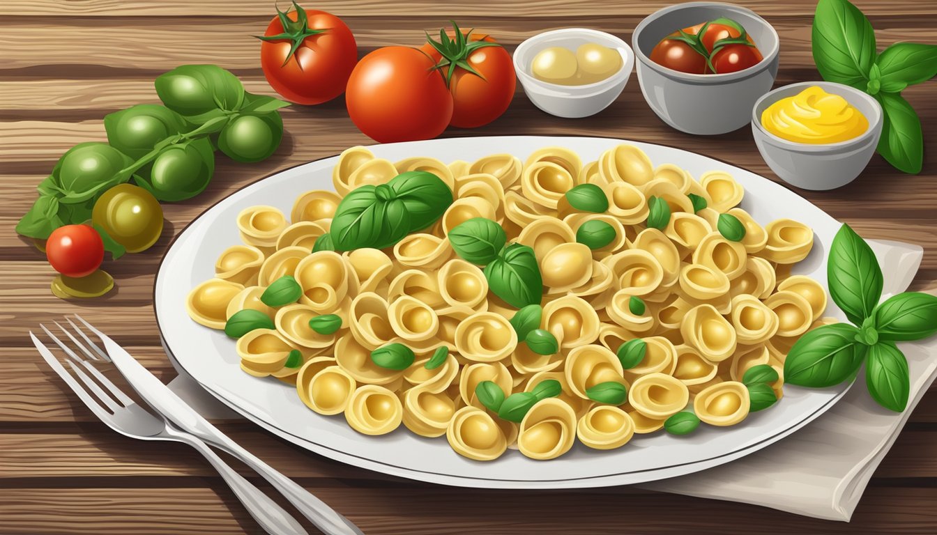 A plate of orecchiette pasta sits on a rustic wooden table, surrounded by fresh ingredients like tomatoes, basil, and olive oil