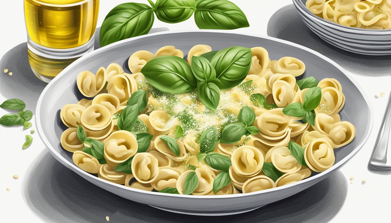 A bowl of orecchiette pasta surrounded by fresh basil, grated cheese, olive oil, and a fork