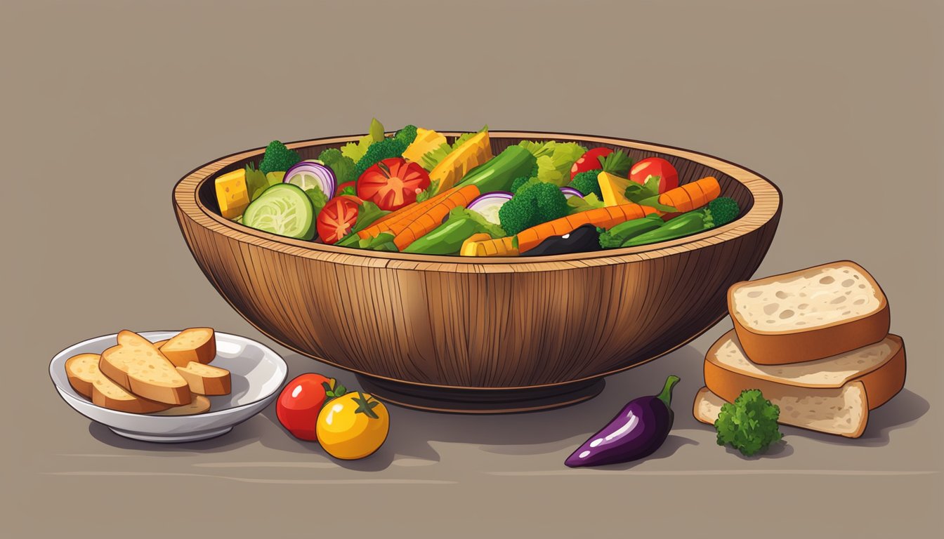 A wooden bowl filled with colorful chopped vegetables, cubes of bread, and drizzled with olive oil and balsamic vinegar