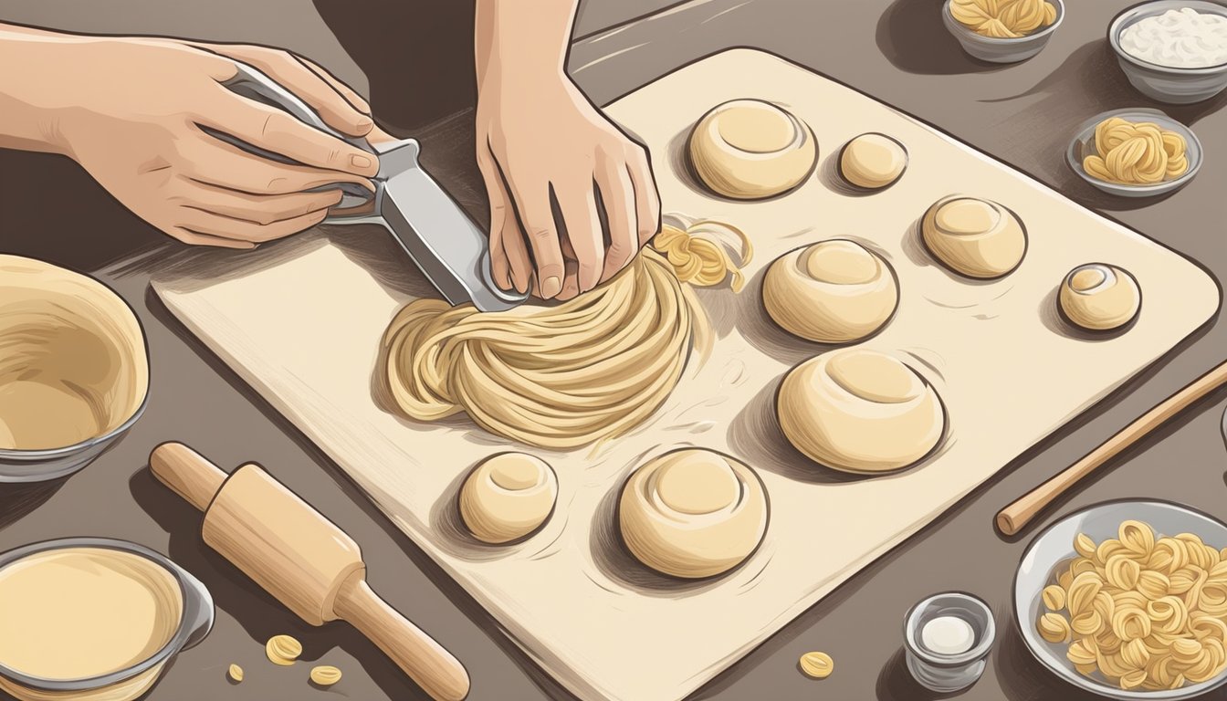 A pair of hands kneading orecchiette dough on a floured surface, with a rolling pin and pasta cutter nearby