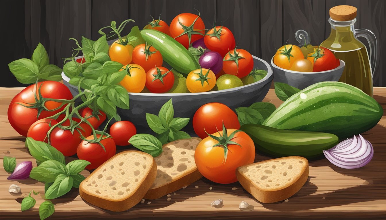 A rustic wooden table with a colorful array of fresh tomatoes, cucumbers, onions, basil, and chunks of crusty bread, all soaked in a tangy vinaigrette