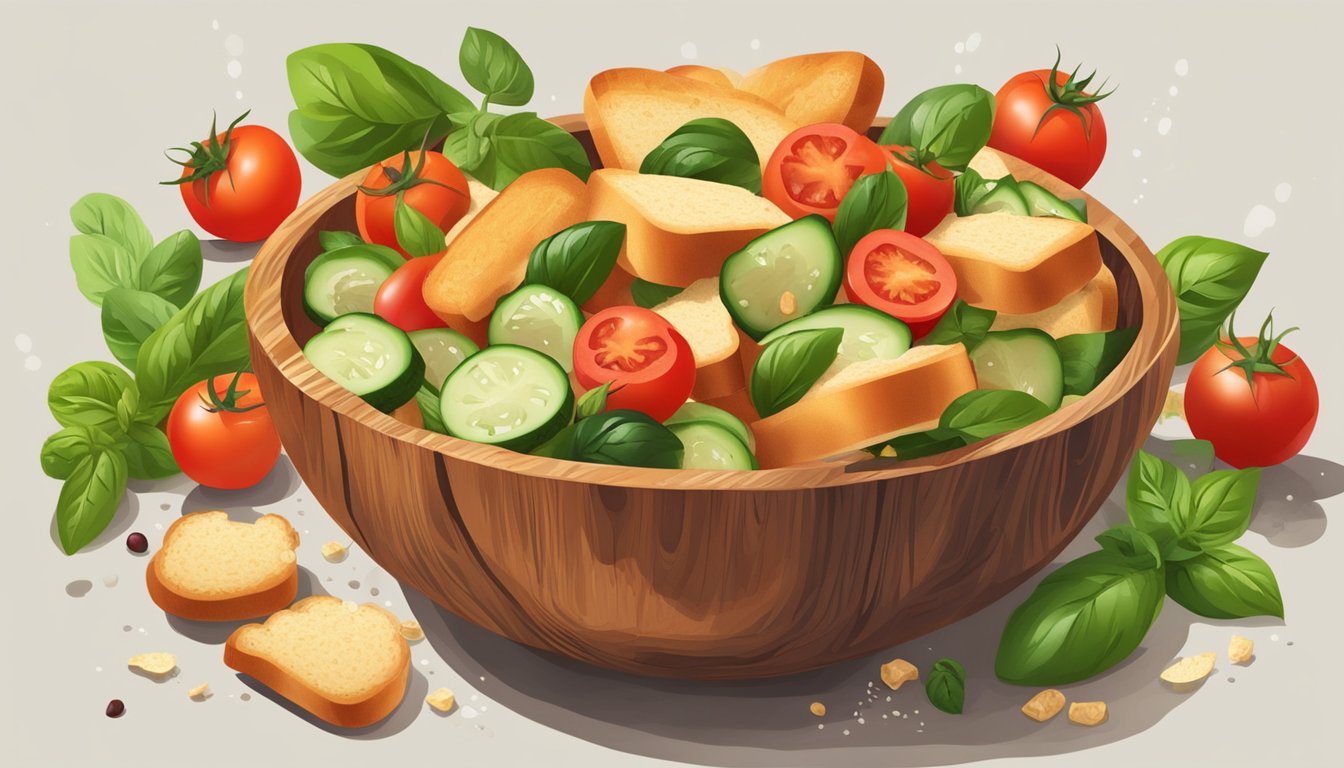 A wooden bowl filled with colorful chunks of bread, tomatoes, cucumbers, and basil being tossed together with a drizzle of olive oil and vinegar