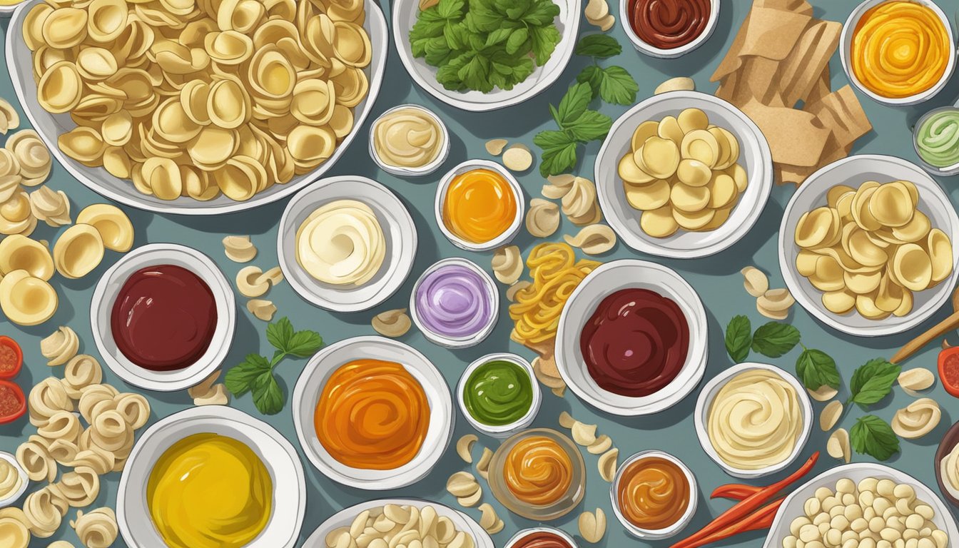 A bowl of orecchiette pasta sits next to a variety of colorful sauces and ingredients, ready to be paired and enjoyed