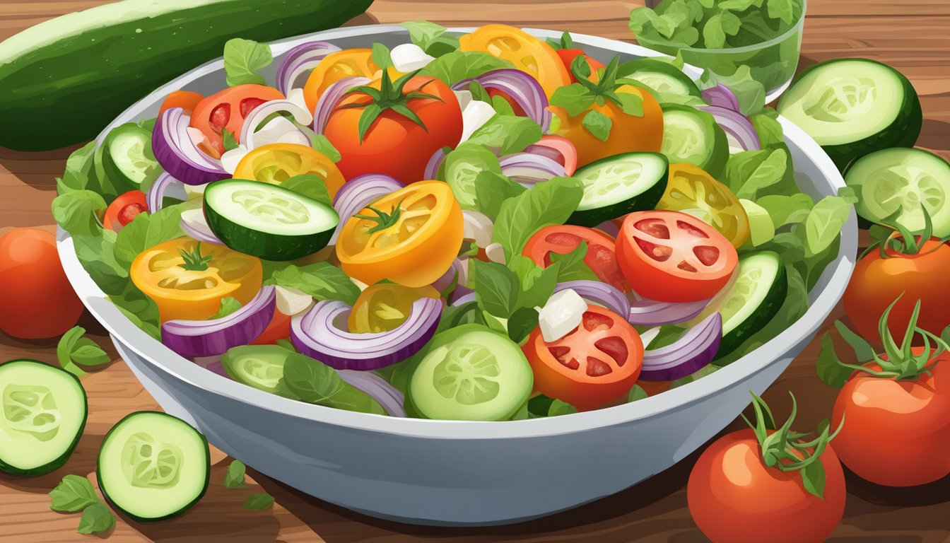 A colorful array of fresh tomatoes, cucumbers, onions, and chunks of crusty bread, all tossed together in a tangy vinaigrette, creating a vibrant and appetizing salad