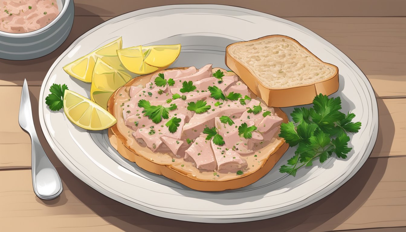 A plate with thinly sliced veal topped with tuna sauce, capers, and a sprinkle of parsley, accompanied by a side of lemon wedges and a few slices of crusty bread