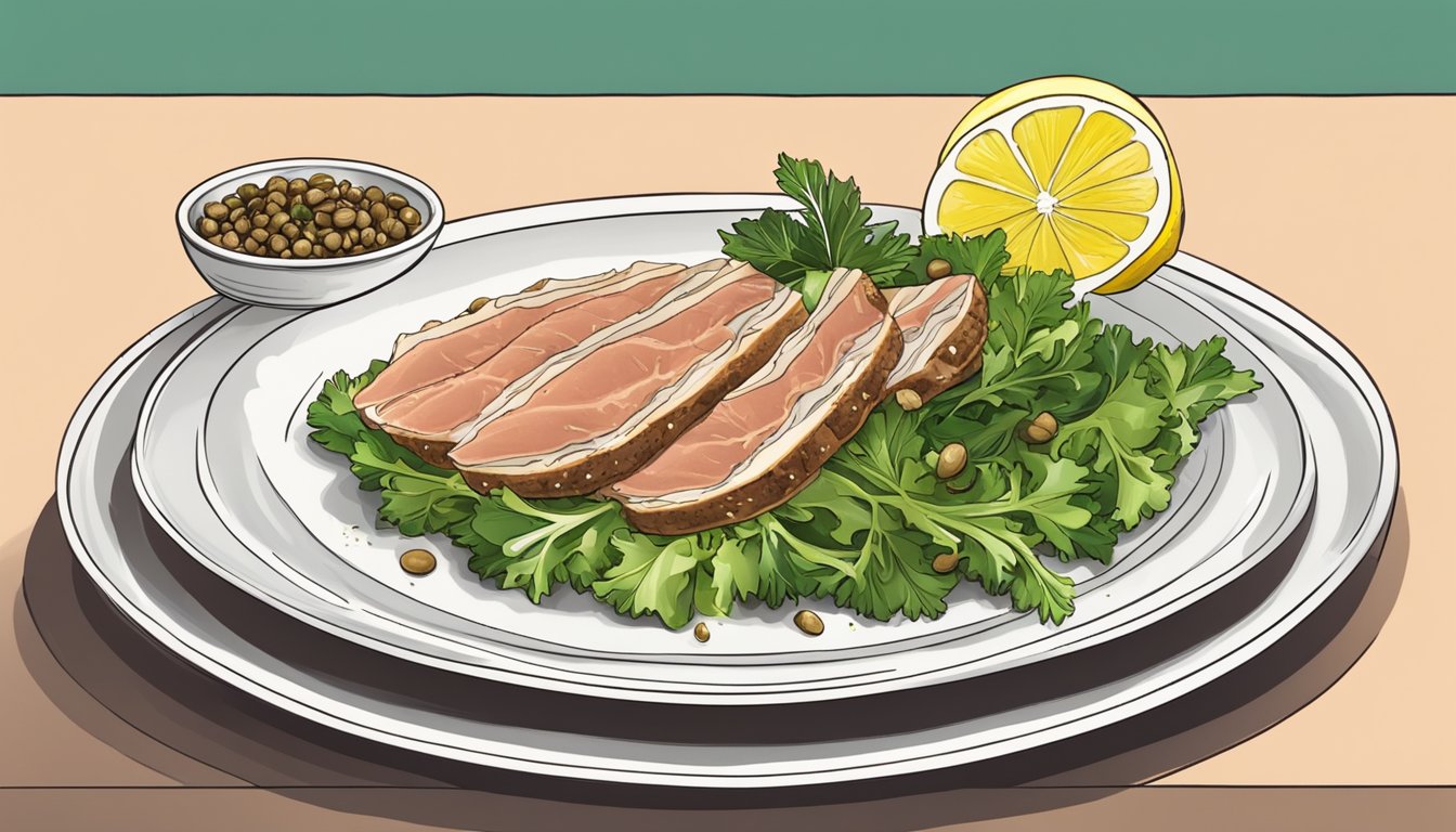 A platter with thinly sliced veal topped with tuna sauce, surrounded by capers and lemon slices, accompanied by a side of greens