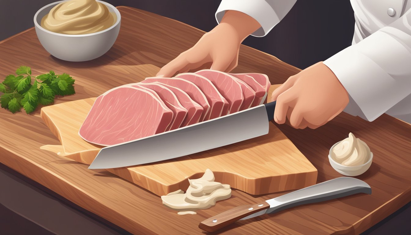 A chef slicing thin pieces of veal on a wooden cutting board, with a bowl of creamy tuna sauce nearby