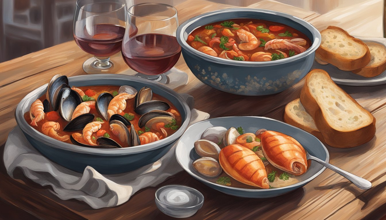 A steaming bowl of cacciucco sits on a rustic wooden table, surrounded by crusty bread and a glass of red wine. The rich, tomato-based seafood stew is filled with an assortment of fish and shellfish