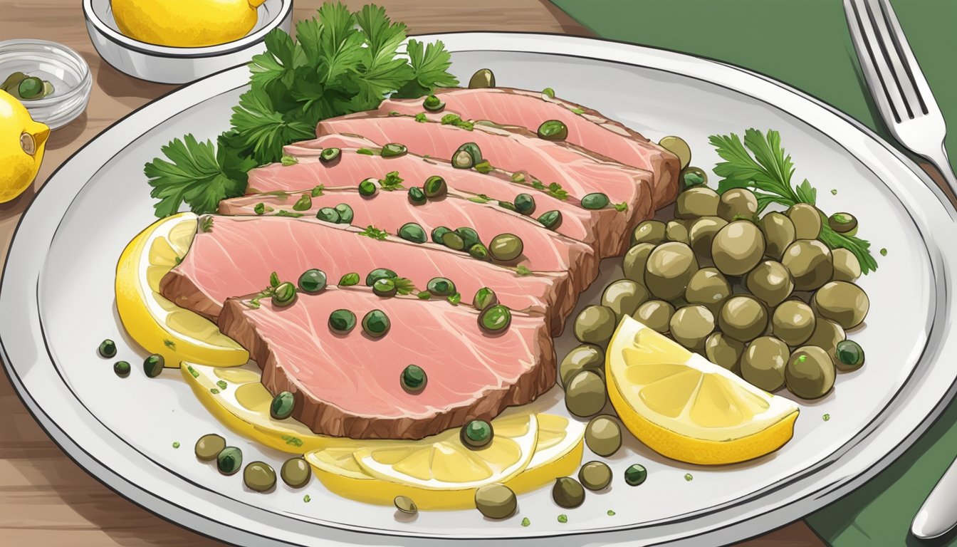 A plate with sliced veal topped with tuna sauce and capers, surrounded by lemon wedges and parsley, with a fork and knife beside it