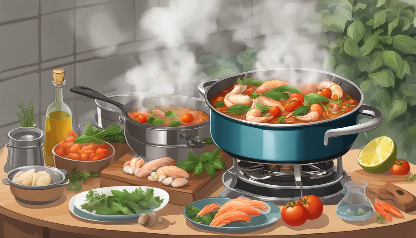 A steaming pot of cacciucco simmers on a stovetop, surrounded by fresh seafood, tomatoes, and herbs