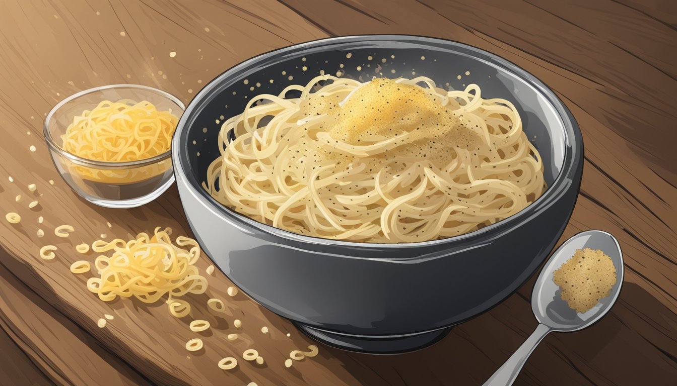 A bowl of cacio e pepe sits on a rustic wooden table, steam rising from the creamy, pepper-speckled pasta. A sprinkle of grated cheese and cracked black pepper tops the dish