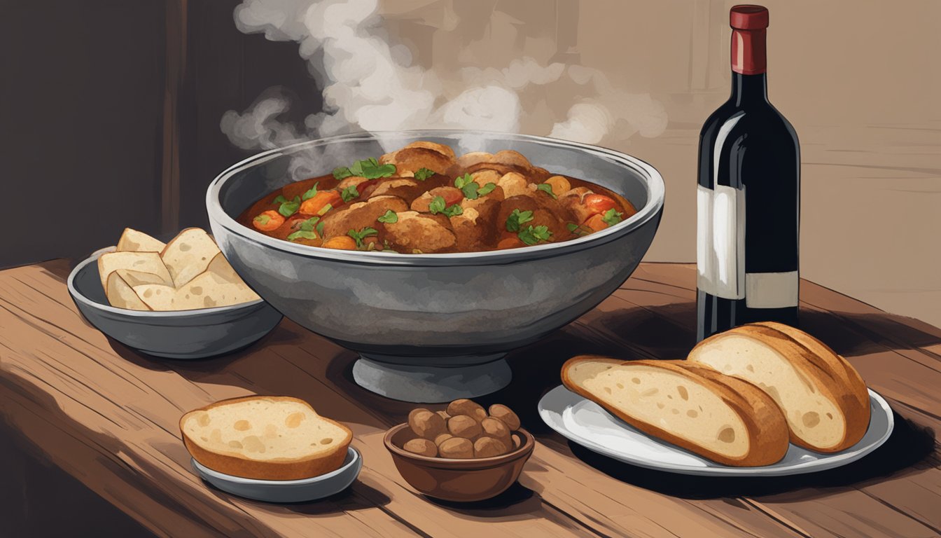 A steaming bowl of cacciucco sits on a rustic table, surrounded by crusty bread and a bottle of red wine