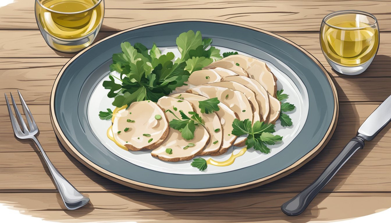 A plate of sliced vitello tonnato with a glass of white wine and a side of fresh greens on a rustic wooden table