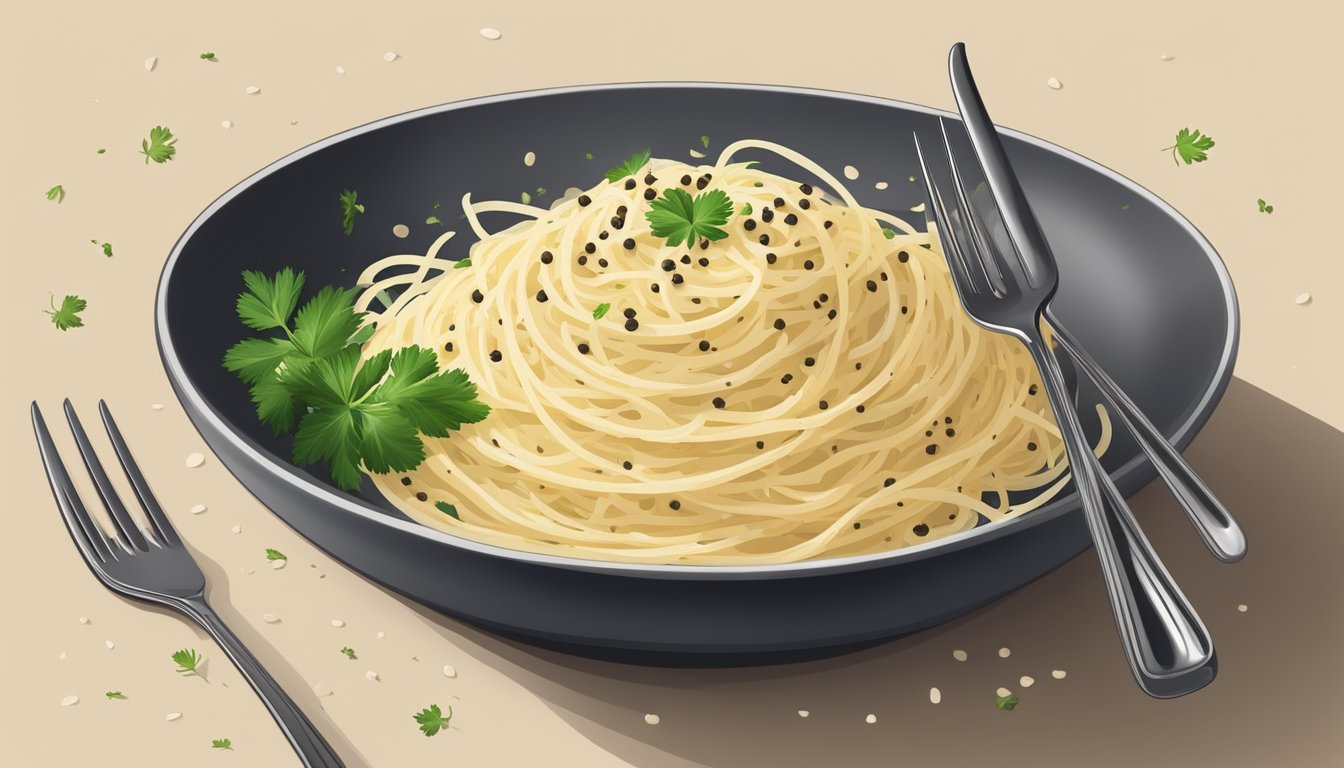 A plate of cacio e pepe with freshly cracked black pepper and grated cheese, accompanied by a fork and a sprinkle of parsley