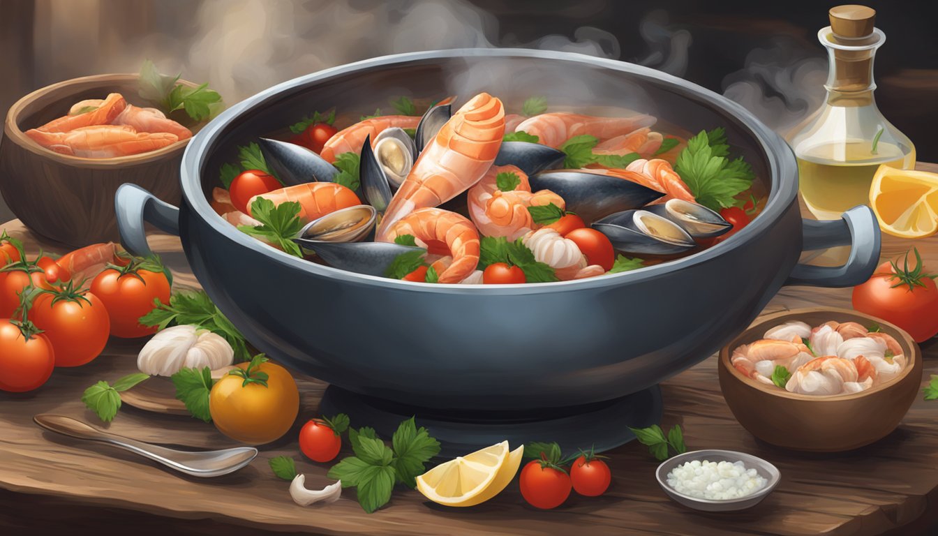 A steaming bowl of cacciucco sits on a rustic wooden table, surrounded by fresh seafood, tomatoes, and aromatic herbs