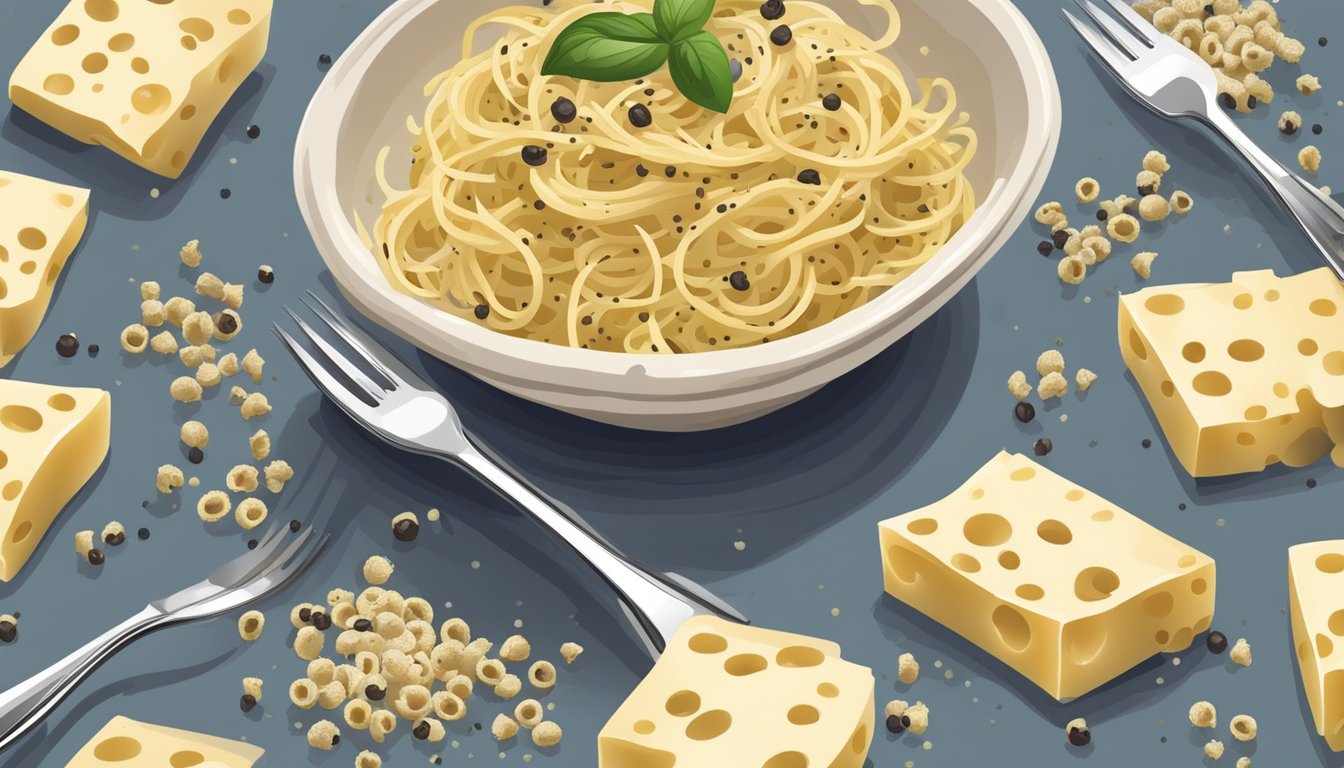 A bowl of cacio e pepe with a fork twirling the pasta, surrounded by scattered peppercorns and a block of cheese