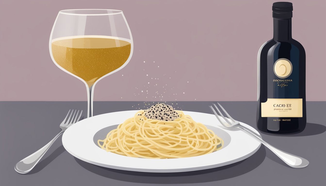 A plate of cacio e pepe pasta with a sprinkle of freshly ground black pepper and shavings of Parmesan cheese, paired with a glass of red wine