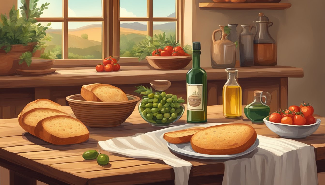 A rustic kitchen table with a bowl of pappa al pomodoro, a loaf of bread, and a bottle of olive oil. A warm, inviting atmosphere with traditional Italian decor