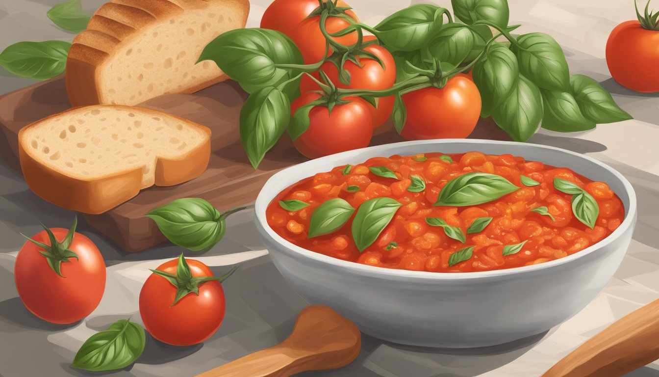 A bowl of pappa al pomodoro surrounded by fresh tomatoes, basil leaves, and a loaf of crusty bread