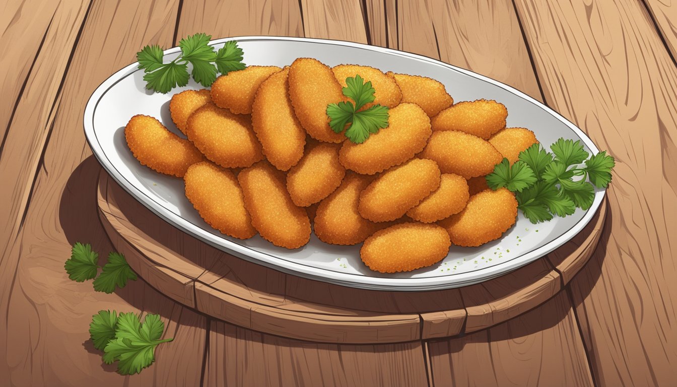 A plate of golden brown supplì arranged on a rustic wooden table, with a side of marinara sauce and a sprinkle of fresh parsley