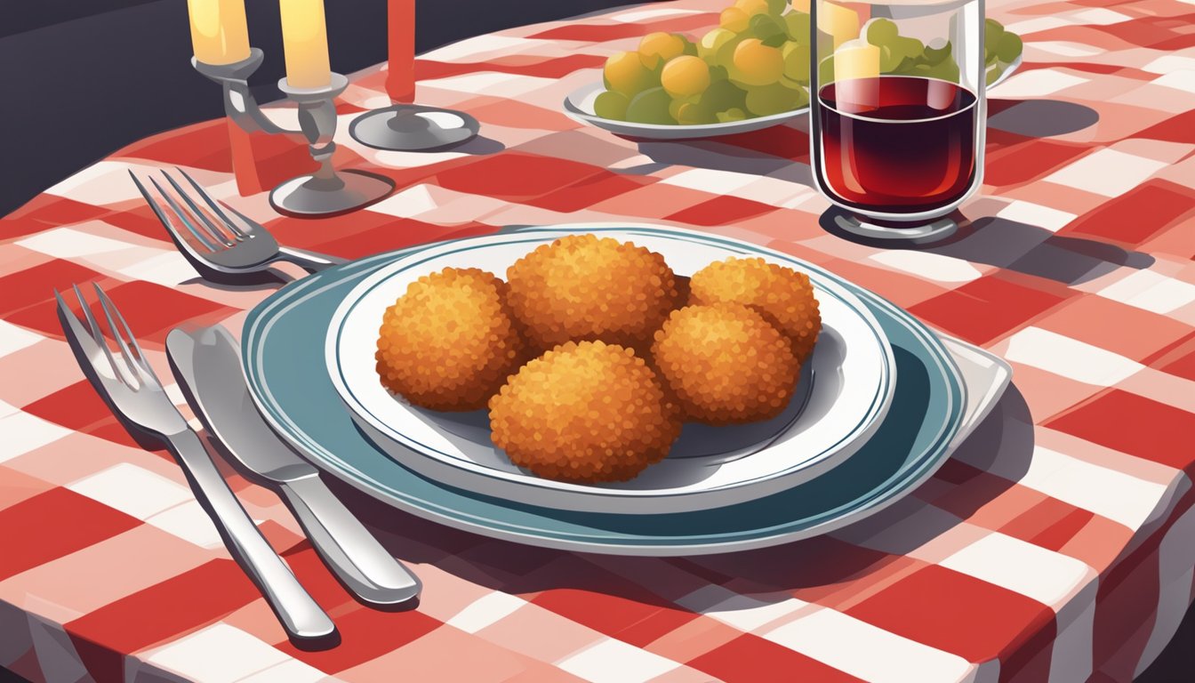 A plate of suppli sits on a checkered tablecloth with a fork nearby. A glass of wine and a candle are also on the table