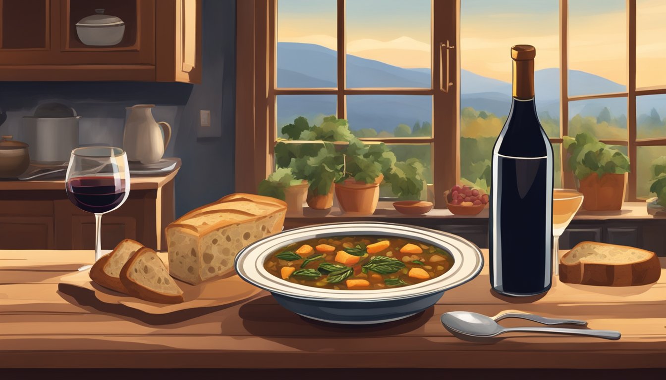 A rustic kitchen table set with a steaming bowl of ribollita, crusty bread, and a glass of red wine. A warm, cozy atmosphere with a hint of Italian countryside charm