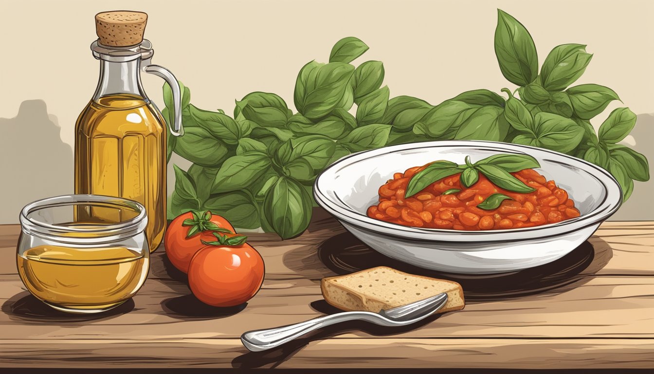 A rustic table set with a steaming bowl of pappa al pomodoro, surrounded by fresh basil, a loaf of crusty bread, and a bottle of olive oil