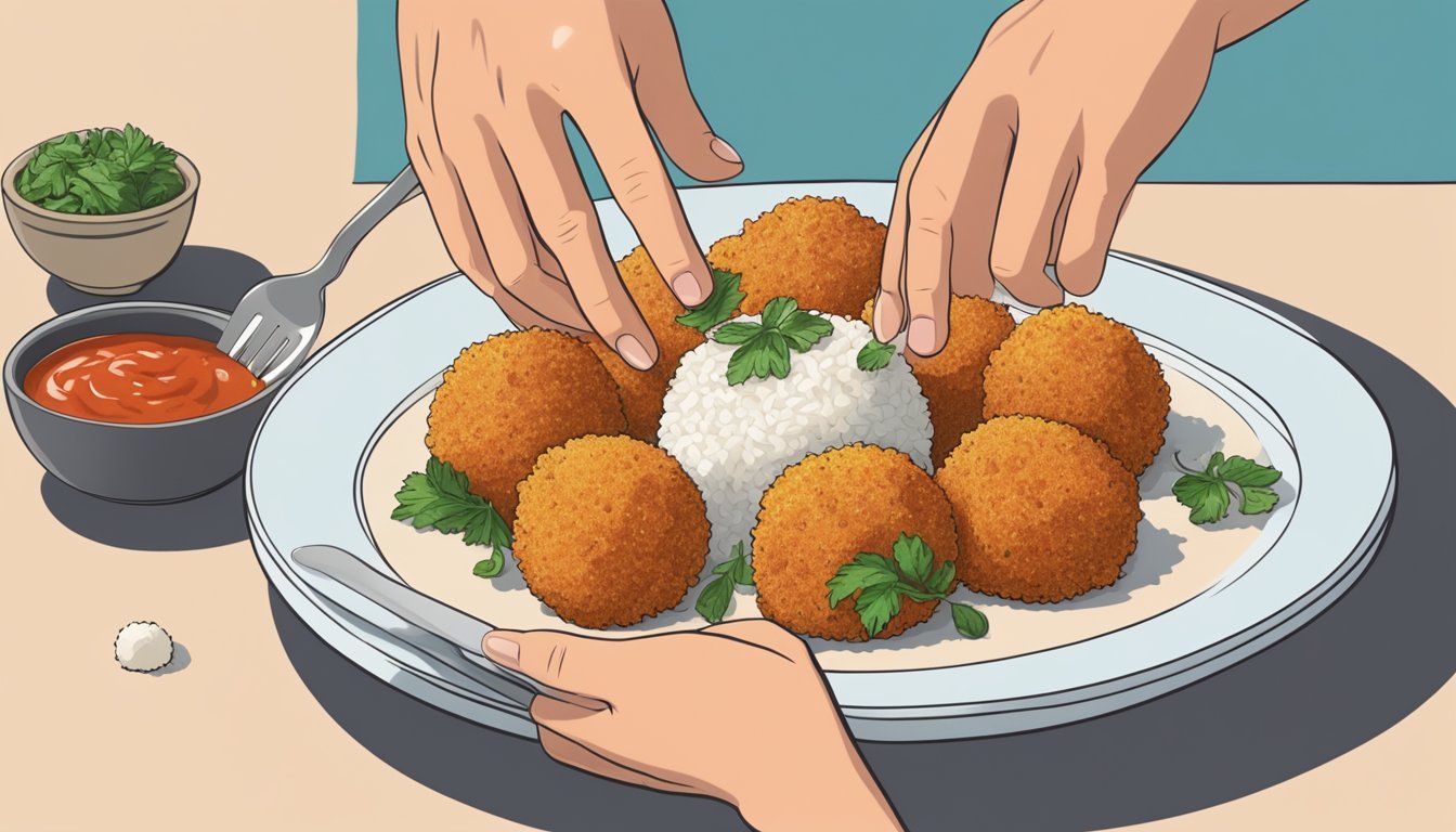 A hand reaching for a plate of suppli, with a fork piercing one of the rice balls. A bowl of marinara sauce sits nearby