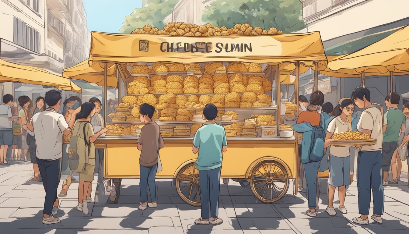 A street vendor's stall with a display of golden, crispy supplì, surrounded by eager customers. A person takes a bite, savoring the gooey cheese and savory rice filling