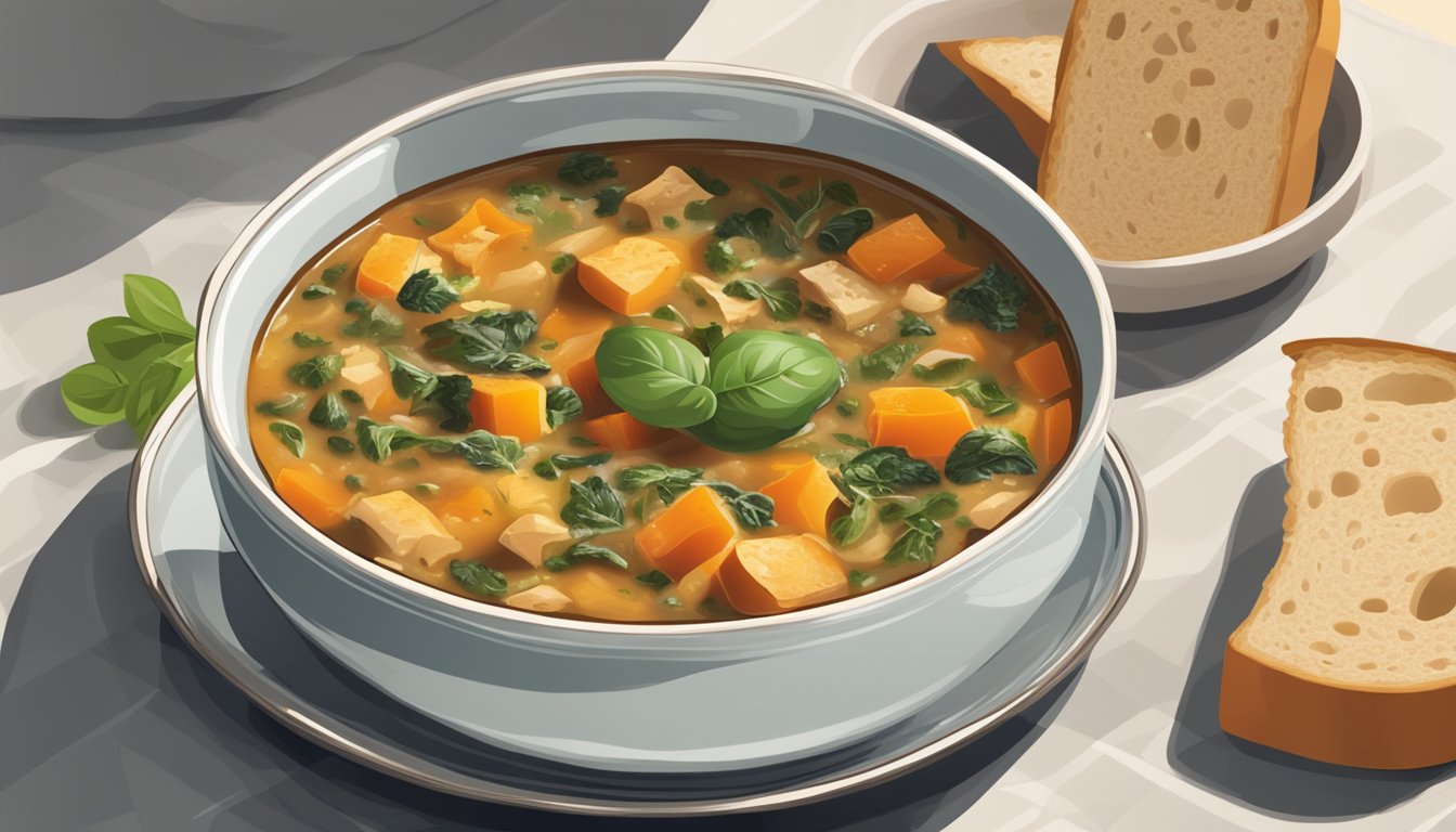 A bowl of ribollita soup with a slice of crusty bread floating on top