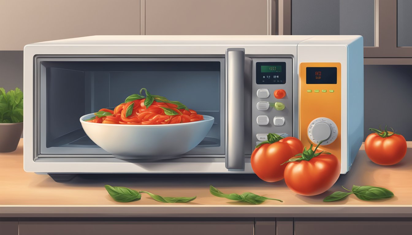 A bowl of pappa al pomodoro being reheated in a microwave