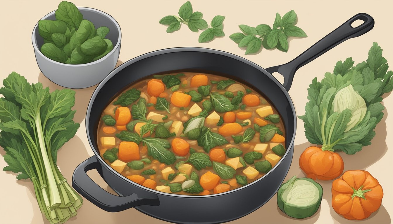 A pot of ribollita simmering on a stovetop, surrounded by fresh vegetables and herbs. A ladle rests on the side of the pot