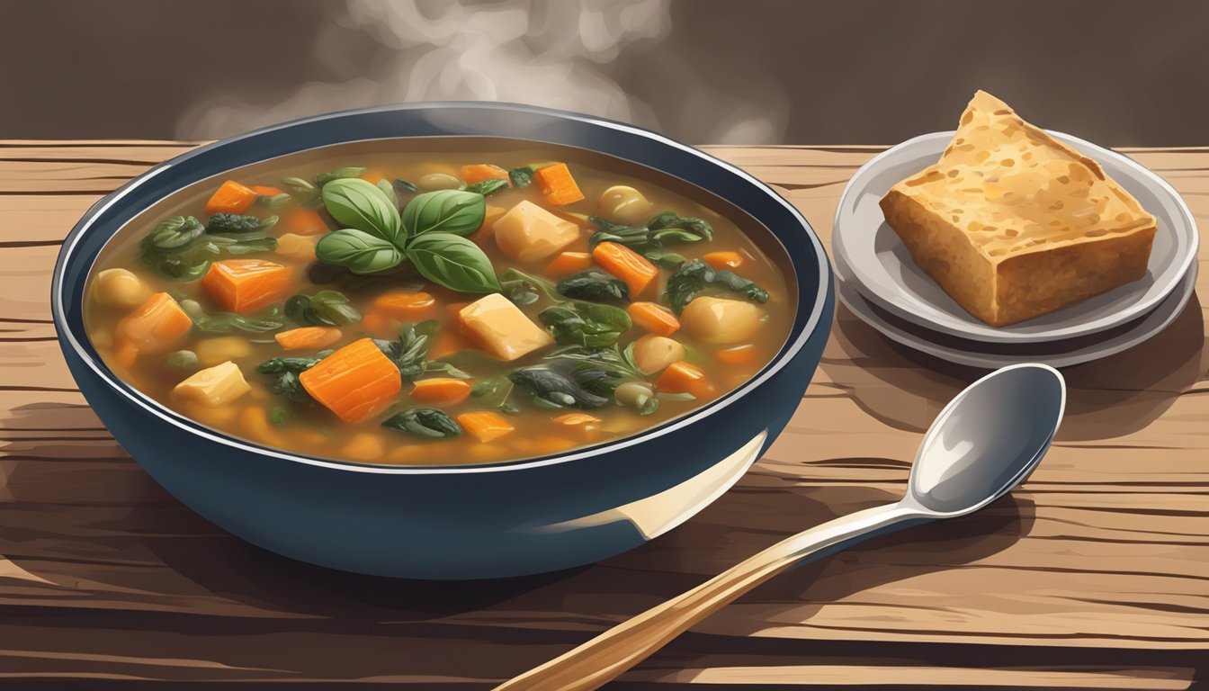 A bowl of ribollita being served on a rustic wooden table, with a spoon resting beside it and steam rising from the hearty soup