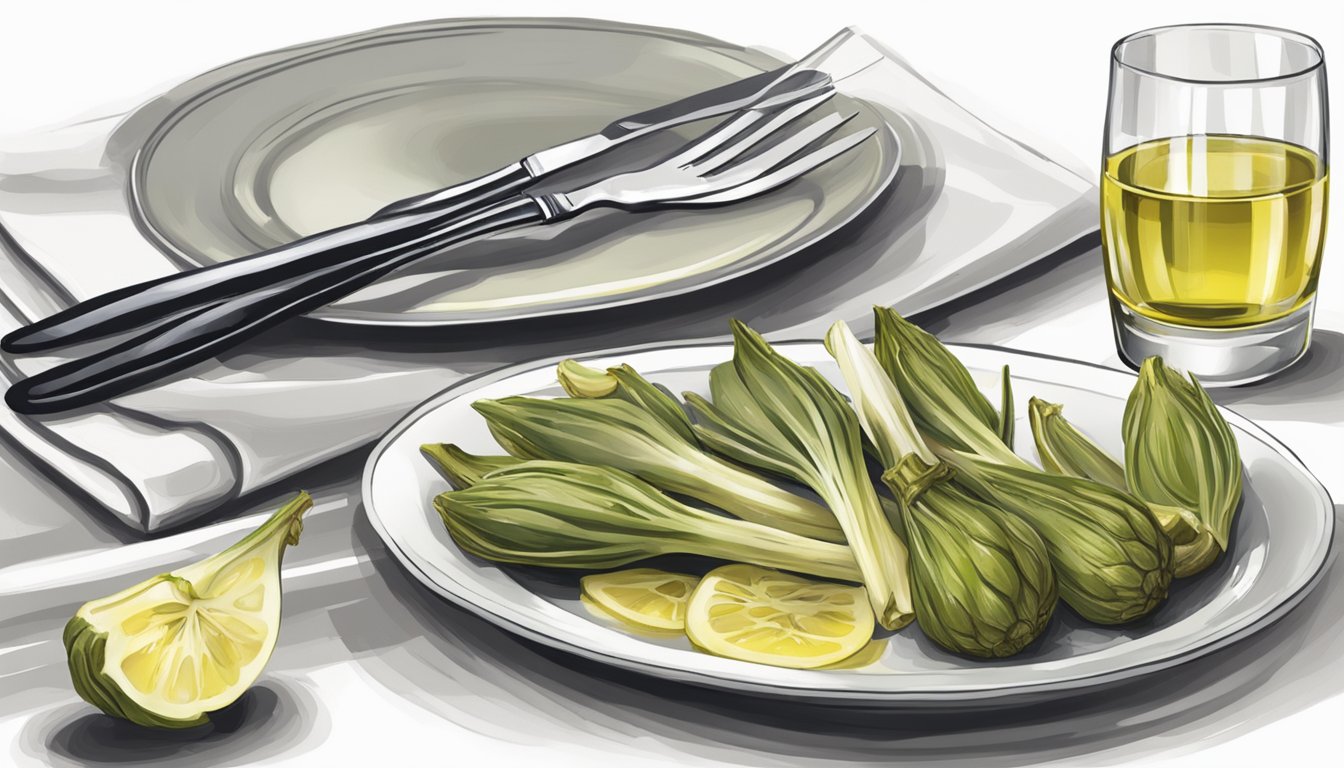 A table set with a plate of carciofi alla romana, a fork, and a knife. A glass of white wine sits nearby