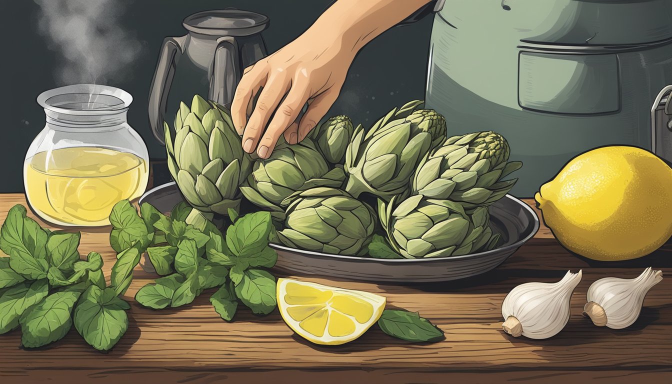 A hand reaching for artichokes, lemons, mint, and garlic on a rustic wooden table. A pot of boiling water steams in the background