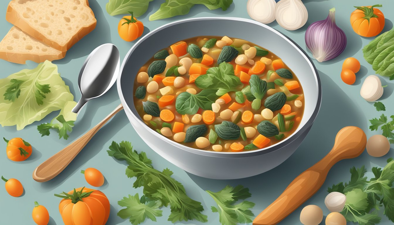 A bowl of ribollita surrounded by fresh vegetables and a spoon