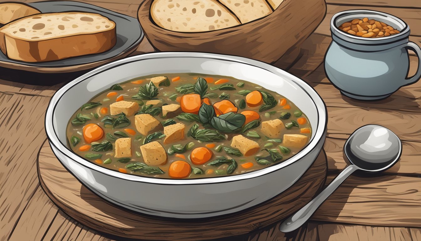 A bowl of ribollita being served on a rustic wooden table with a spoon and a loaf of bread on the side