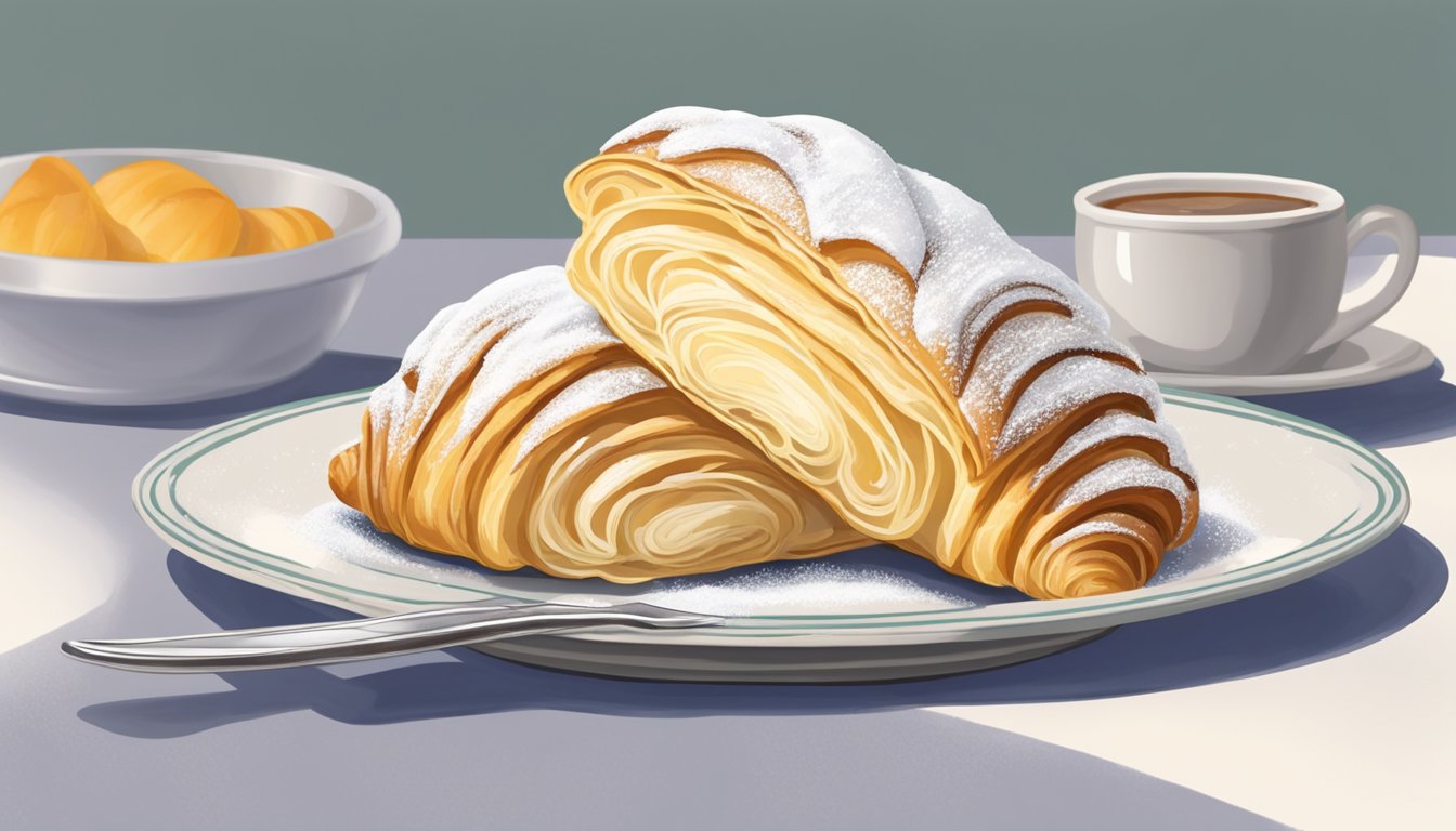 A fresh sfogliatelle sits on a delicate plate, its flaky layers glistening with a light dusting of powdered sugar. A small fork hovers nearby, ready to delve into the sweet pastry