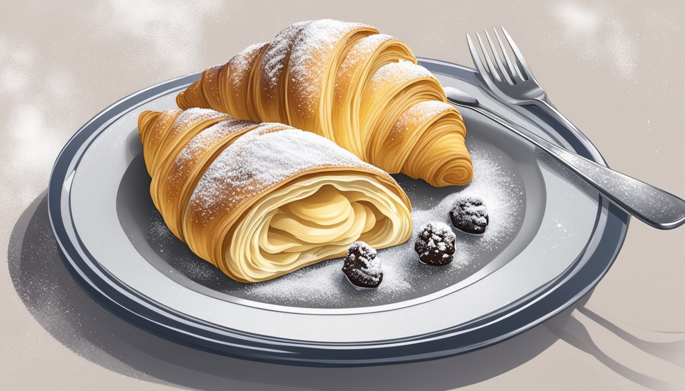 A plate of sfogliatelle surrounded by a dusting of powdered sugar, with a fork placed next to it