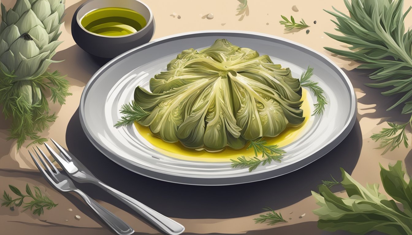 A plate of carciofi alla romana with a fork piercing a tender artichoke, surrounded by a drizzle of olive oil and herbs