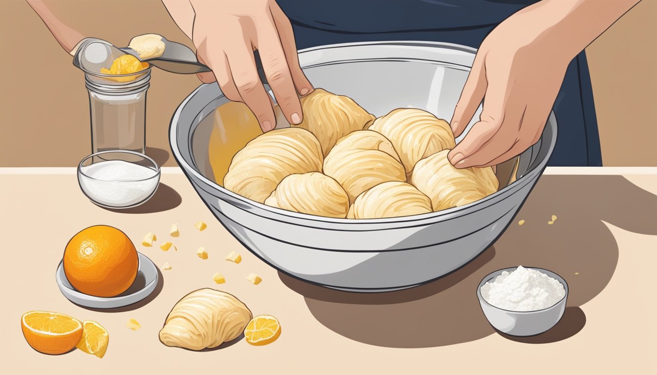 A person preparing the filling for sfogliatelle, mixing together ricotta, sugar, and candied citrus peel in a large bowl