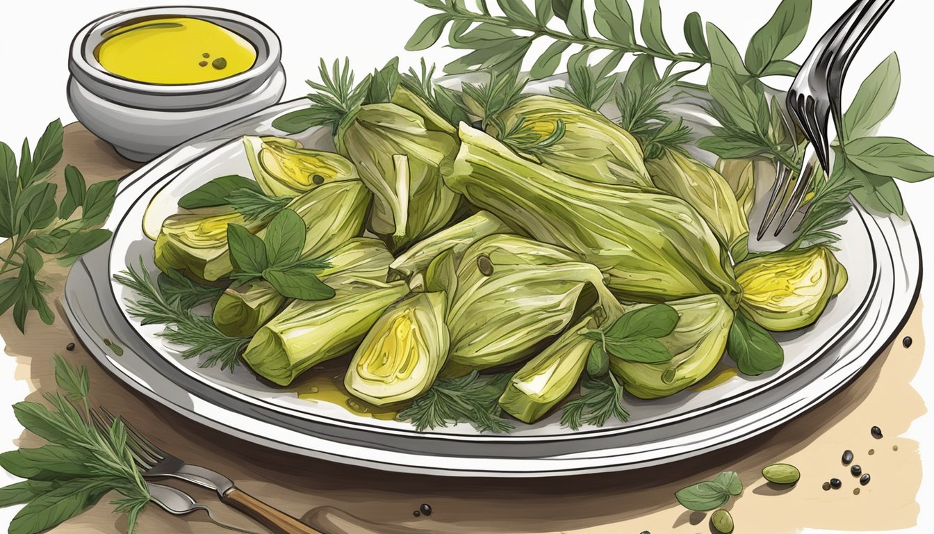 A plate of carciofi alla romana surrounded by fresh herbs and a drizzle of olive oil, with a fork resting beside it