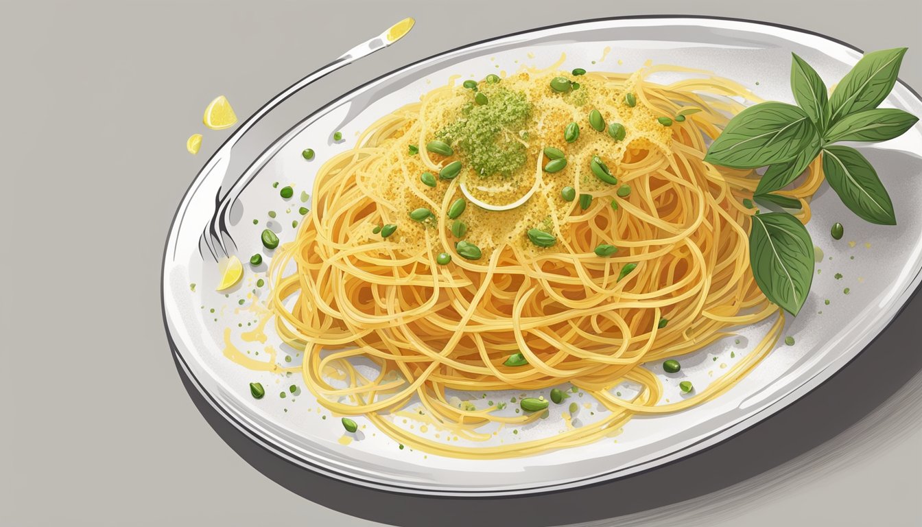 A plate with spaghetti topped with grated bottarga, accompanied by a lemon wedge and a drizzle of olive oil