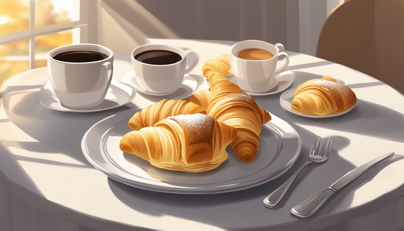 A table set with a plate of sfogliatelle, a cup of espresso, and a fork. Sunlight streams through a window, casting a warm glow on the pastries