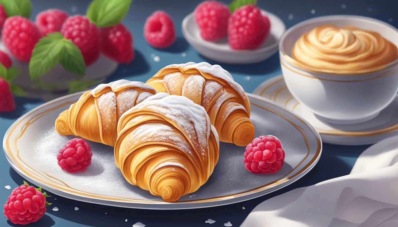 A plate with a freshly baked sfogliatelle, surrounded by a delicate dusting of powdered sugar, and a side of vibrant red raspberry jam