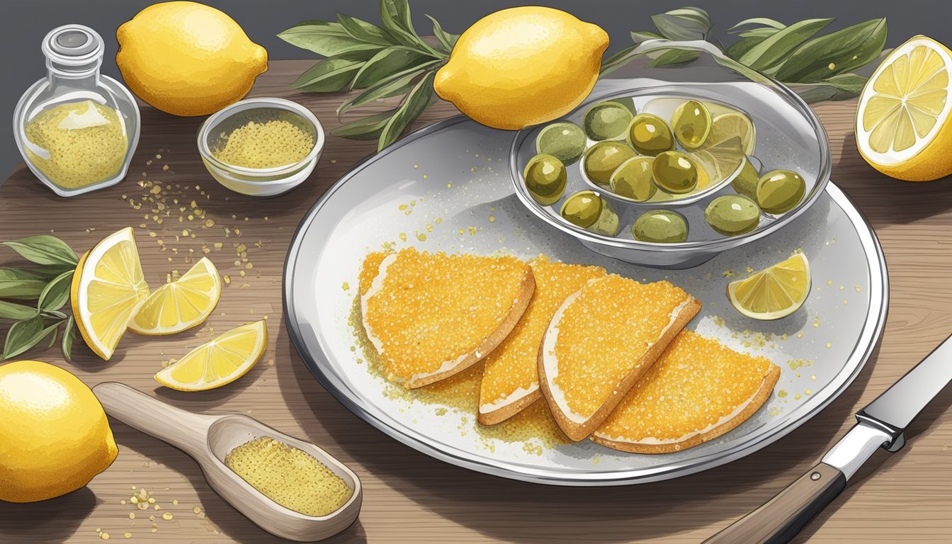 A plate with a slice of crusty bread topped with grated bottarga and a drizzle of olive oil, surrounded by fresh lemon wedges and a small grater