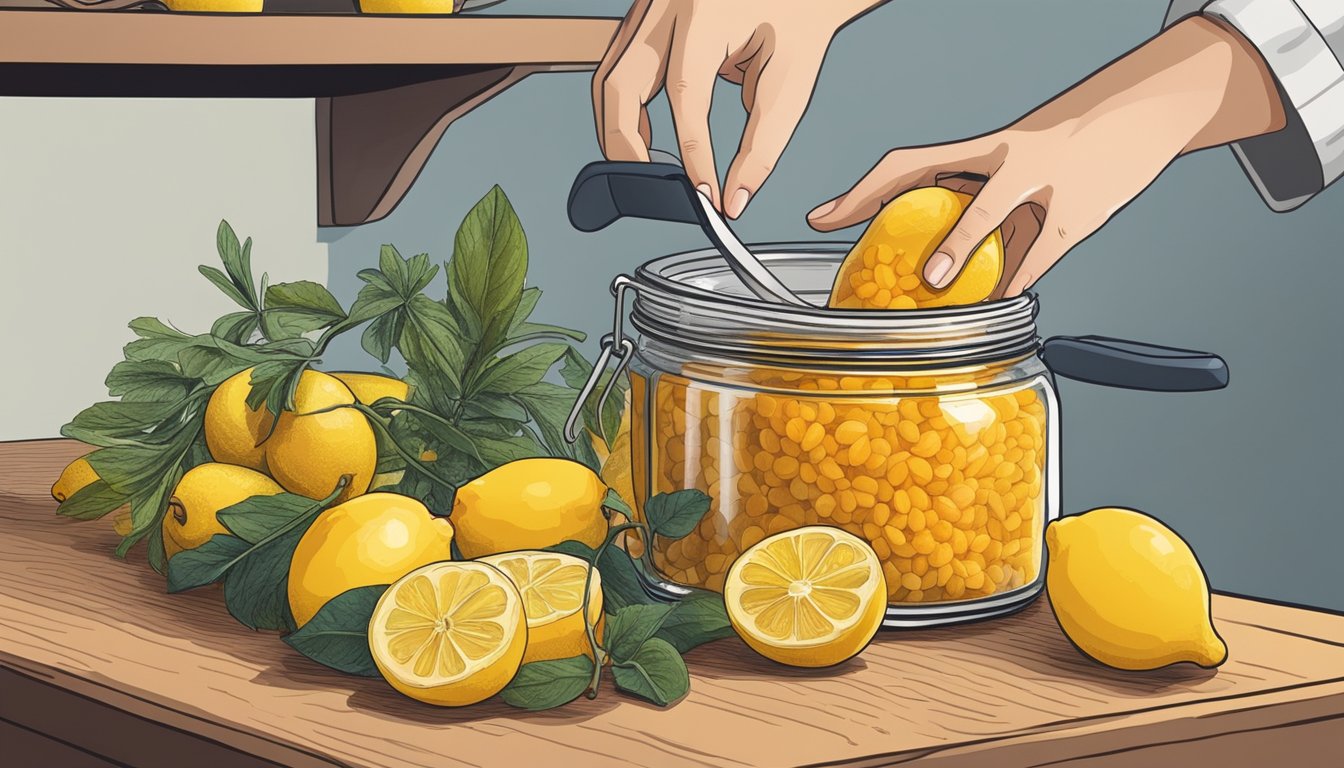 A hand reaching for a jar of bottarga on a shelf, next to a basket of lemons and a cutting board with a grater