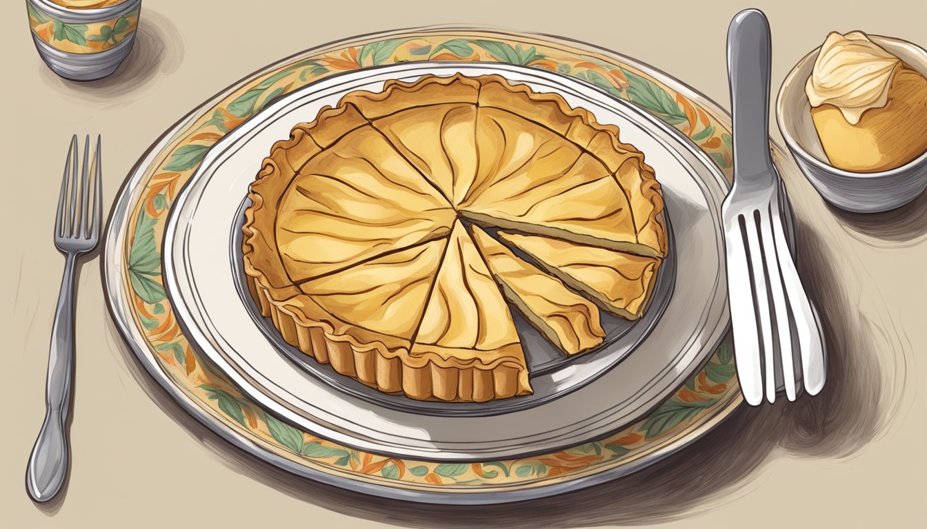 A table set with a slice of pastiera napoletana on a plate, surrounded by a fork and a napkin