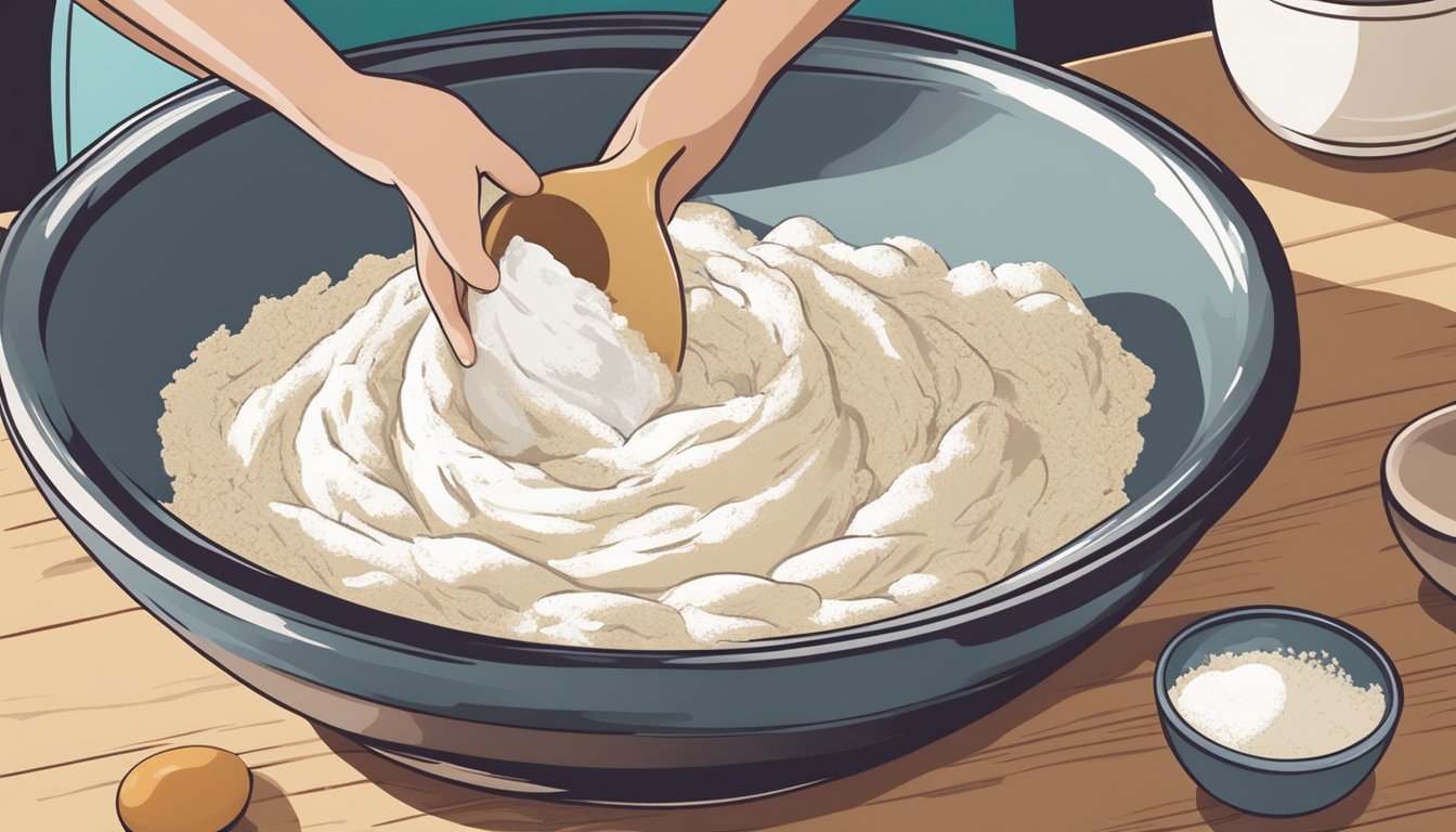 A pair of hands mixing flour, eggs, and ricotta in a large bowl, with a wooden spoon. A small pile of flour sits nearby