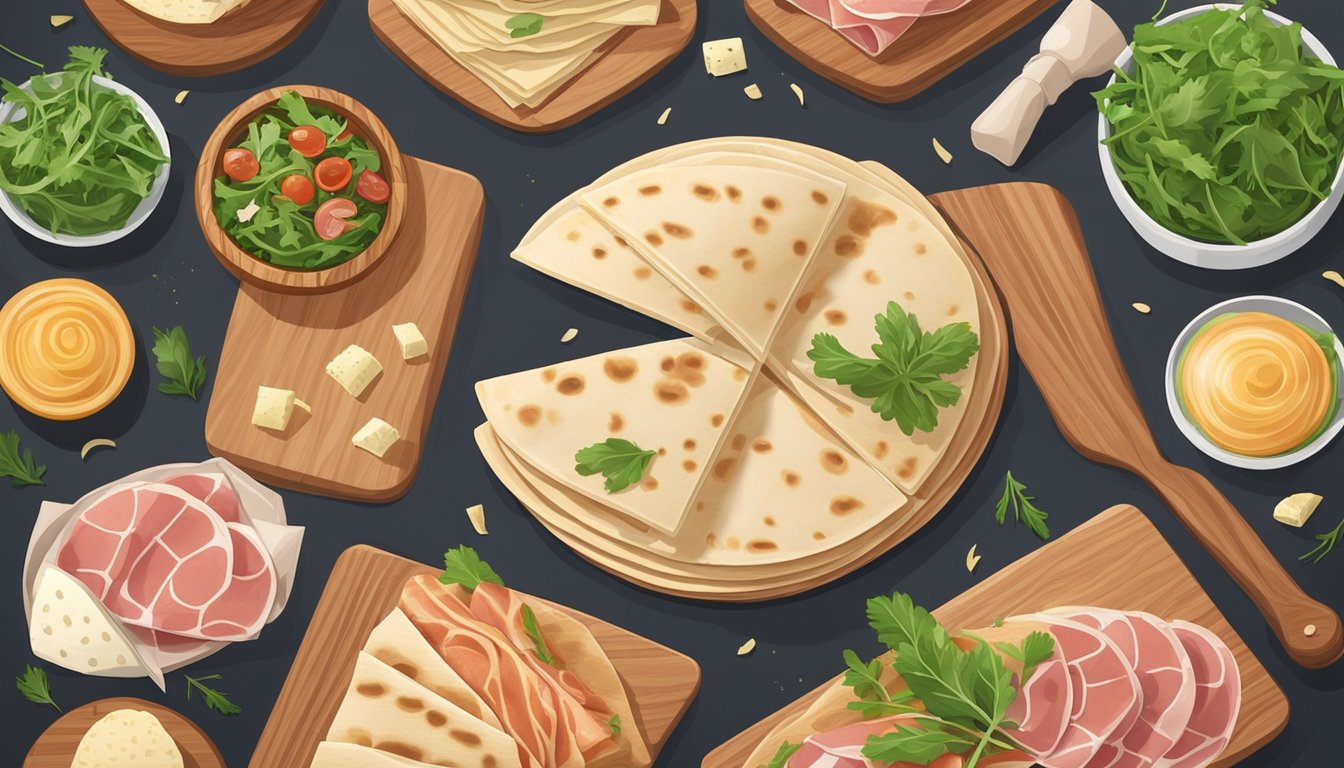 A round piadina lies on a wooden cutting board, surrounded by a variety of fillings such as prosciutto, cheese, and arugula